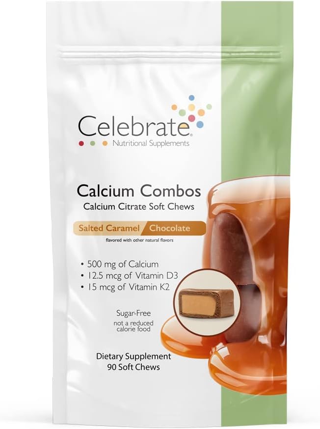 Celebrar vitaminas Bariatric 500mg Calcio Citrate Soft Chews Combo con 500 UI Vitamina D3 – Esencial para el bypass gástrico Pacientes &amp; Bone Health - Sugar & Gluten Free, Caramel Chocolate (90 Chews)