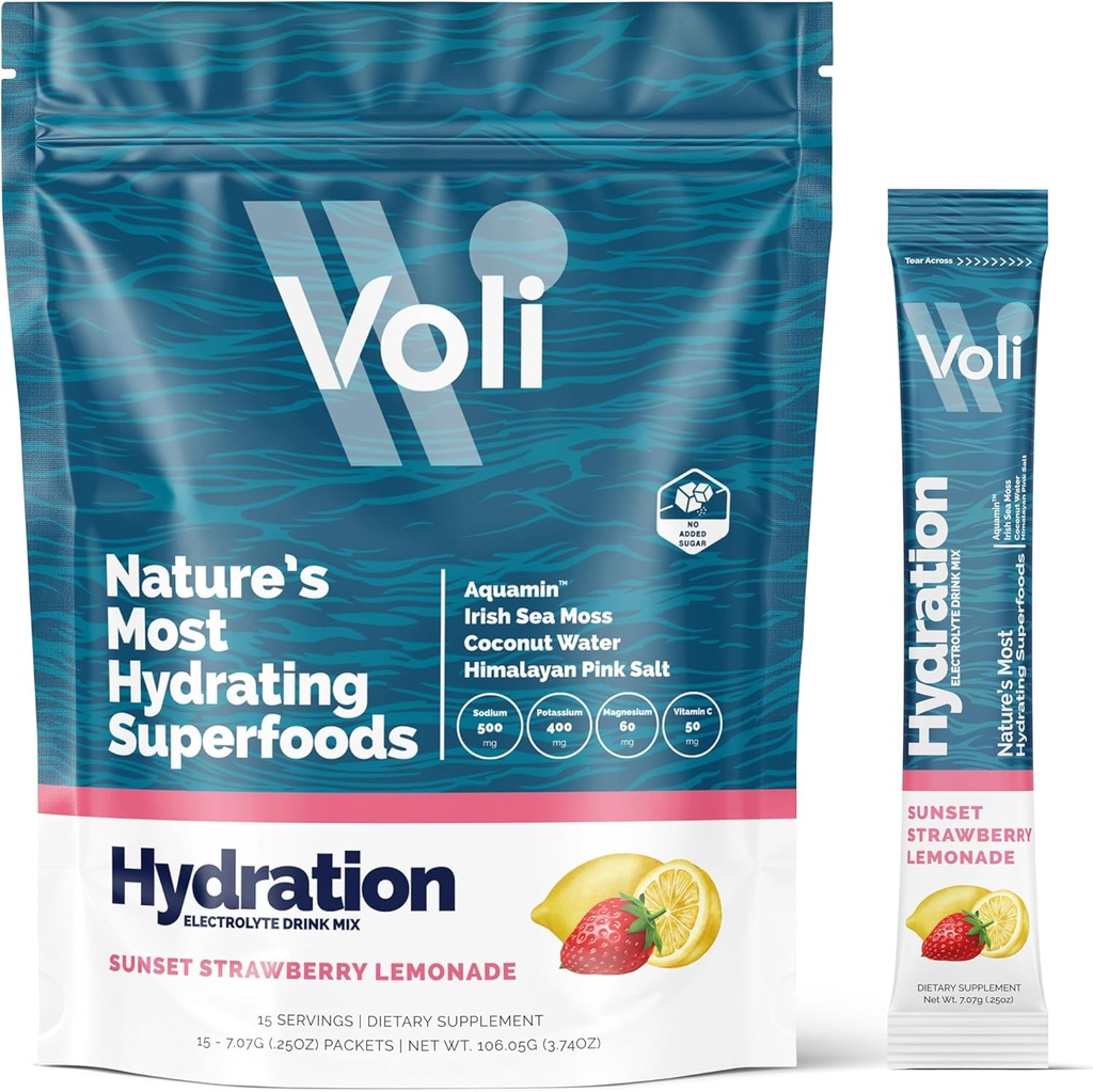 Voli Electrolytes Powder Packets ← No Añadido Sugar Electrolyte Drink Mix for Hydration ¦ Keto & Fasting Friendly, Natural Superfoods & Minerals ← Strawberry Lemonade, 15-Count