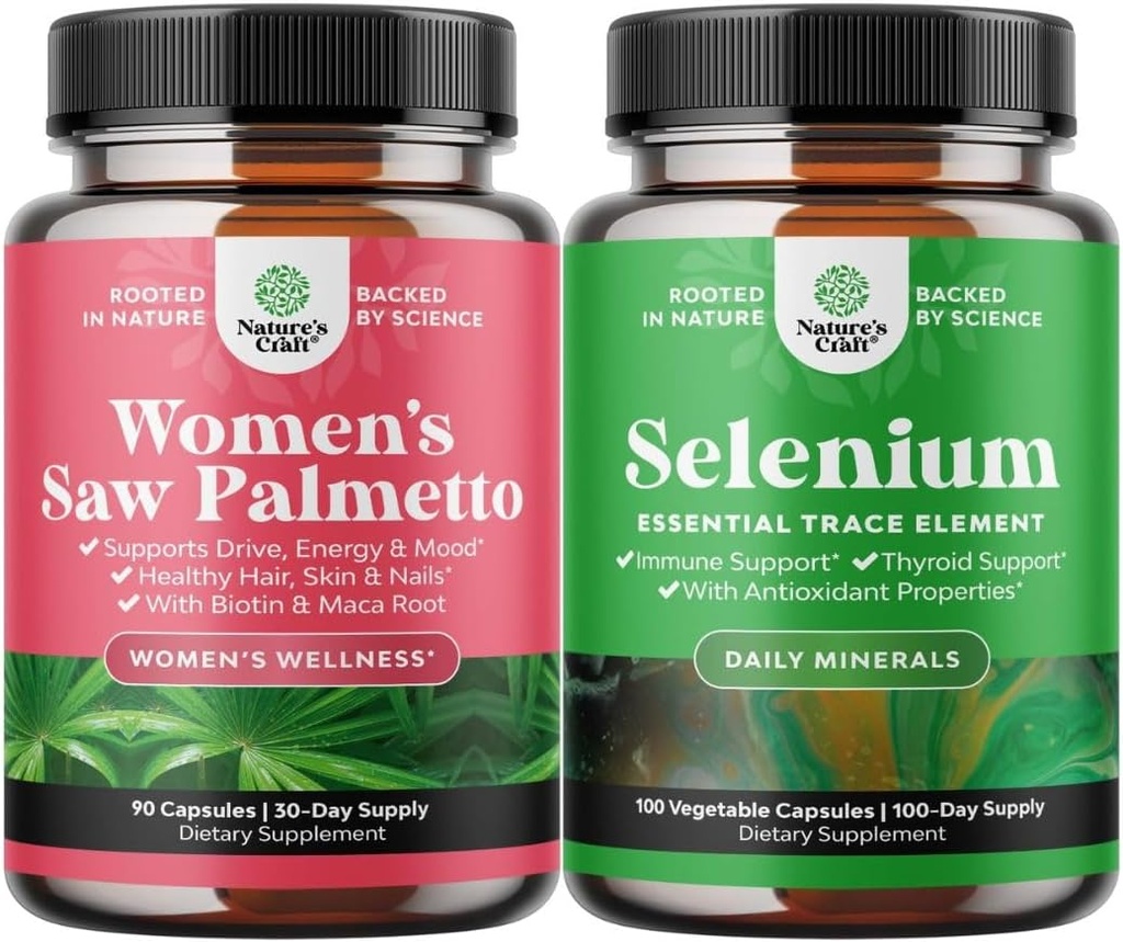 Bundle of Extra Strength Saw Palmetto for Women and Pure Selenium Thyroid Support Supplement - DHT Blocker Thickening Hair Vitamins for Hair Loss - Antioxidant Supplement and Natural Immune Booster