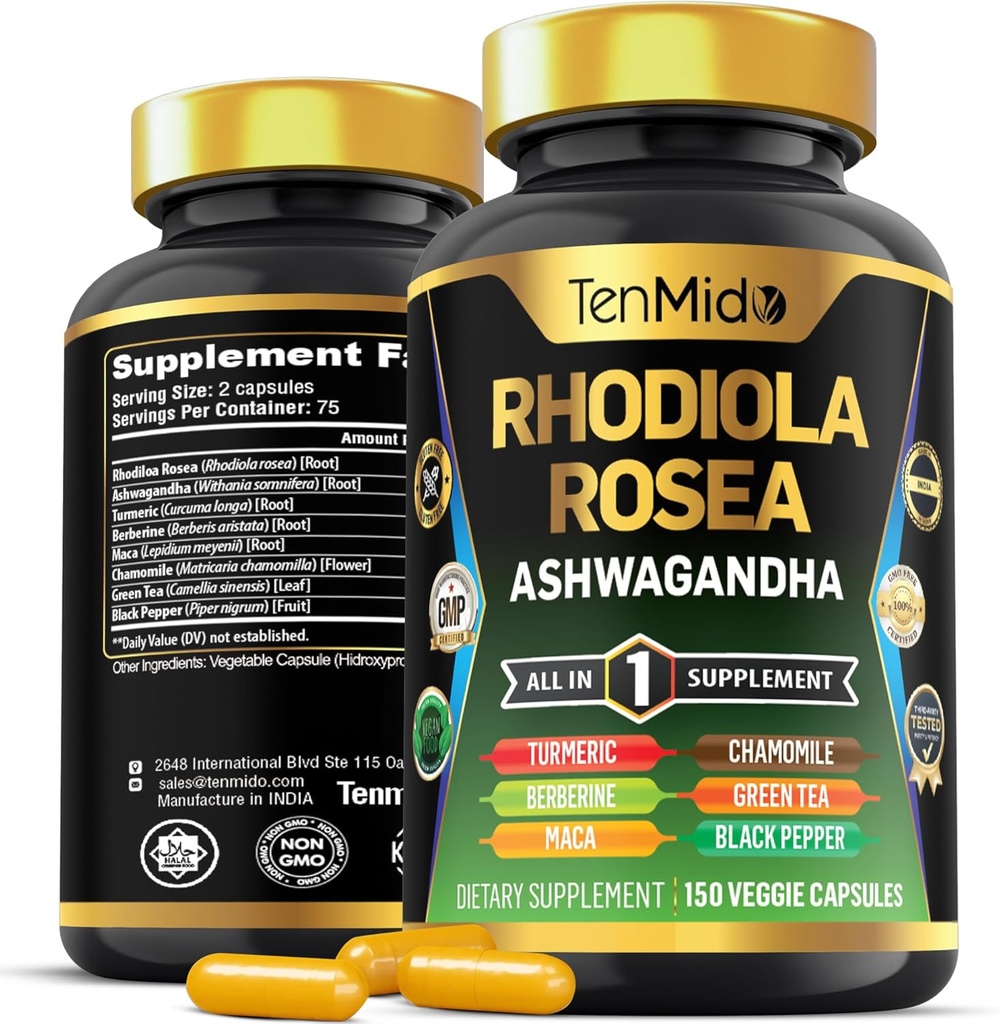 Rhodiola Rosea Suplemento - 8in1 Fórmula - Combina con Ashwagandha, Turmeric, Berberine, Maca, Chamomile, Té Verde y Pimiento Negro - Nutrient Rich - 150 cápsulas Vegan