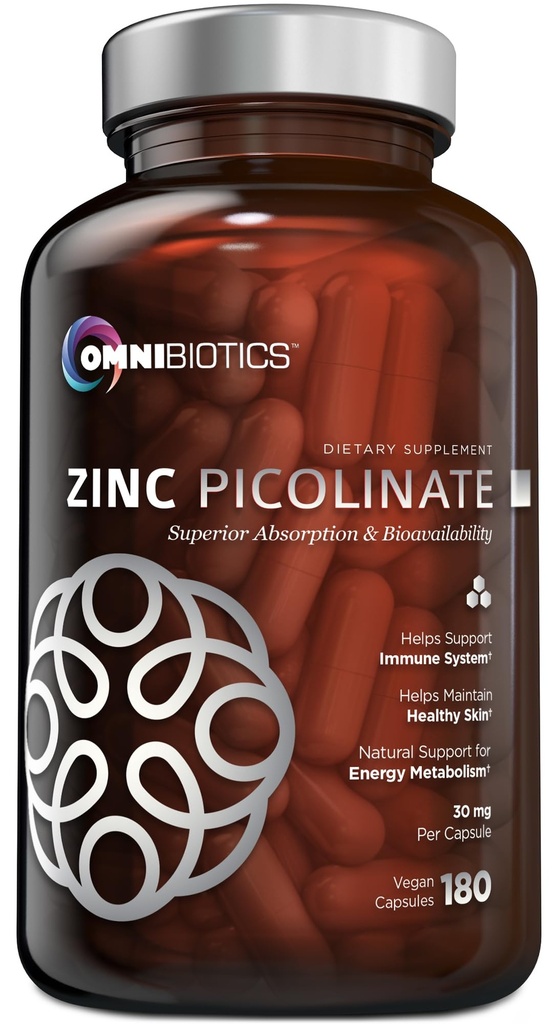 OmniBiotics Zinc Picolinate 30mg Suplemento – Zinc de alta absorción para el sistema inmunológico, la piel sana y el apoyo energético – 180 cápsulas Vegan