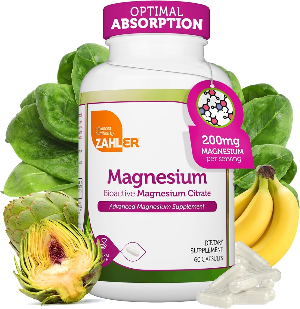 Zahler - Suplemento de Magnesio cápsulas 200 mg (60 Conde) Certificado Kosher Citrato de Magnesio Bioactivo para Max Absorción - Magnesio Natural Mineral para Hombres - Mejores Suplementos de Magnesio