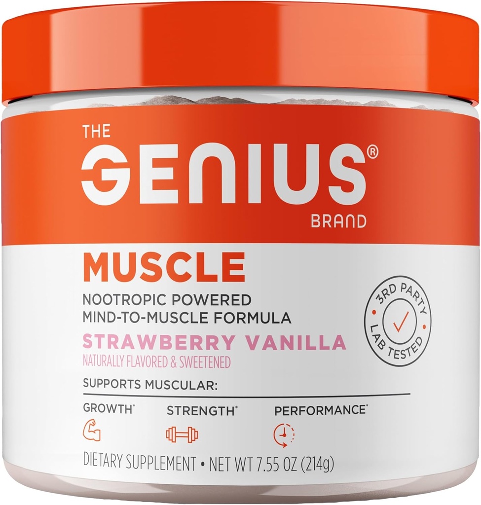 The Genius Brand Genius Muscle - Muscle Health Supplement for Growth, Endurance & Recovery - Non-Hormonal Formula - 6 Organic Mushrooms - Naturalmente-Sweetened - 30 Servings - Strawberry Vanilla