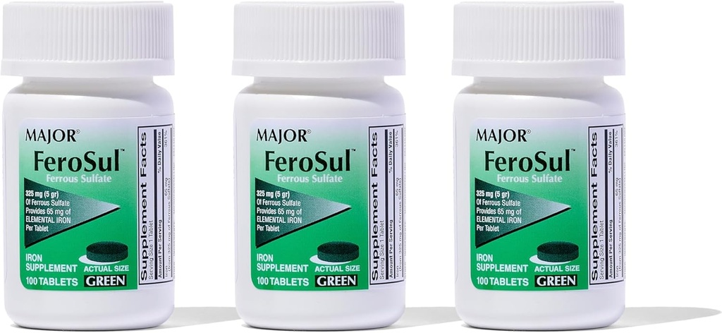 Mayor Ferosul - Sulfato ferroso 325 mg Tabletas con 65 mg de hierro elemental - Suplemento de hierro para mujeres, hombres - verde - 100 Tabletas (3 Pack)
