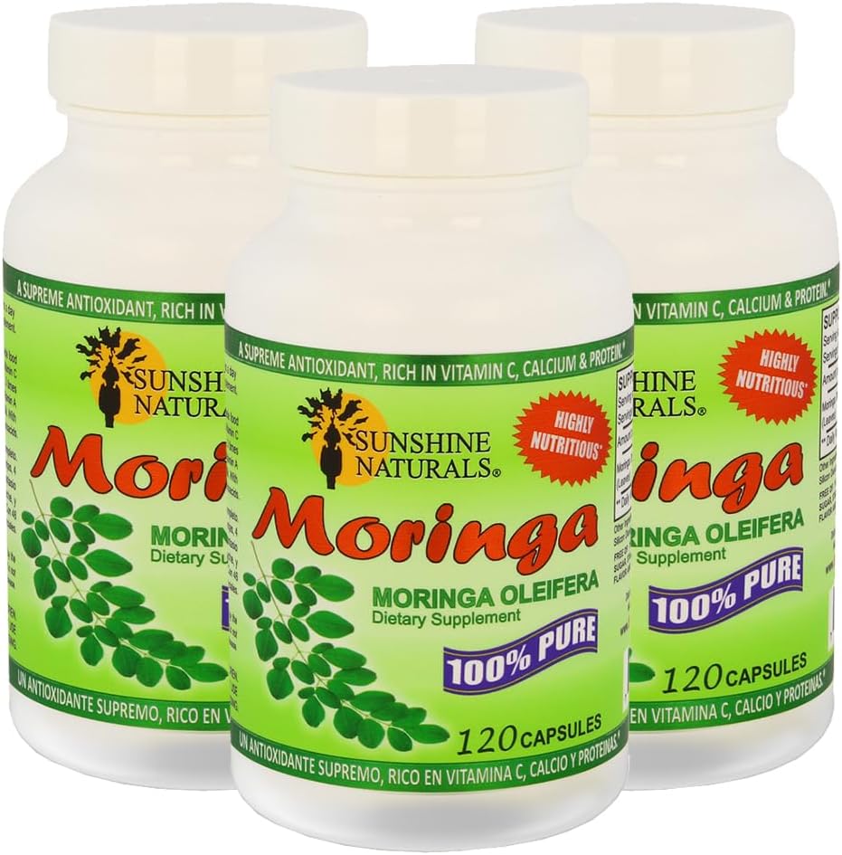 Sunshine Naturals Moringa Dietary Supplement. Immune System Aid, Energy Booster, Antioxidant Support, and Nutrient-Rich Superfood. Promotes Digestion and Heart Health. 120 Capsules. Pack of 3