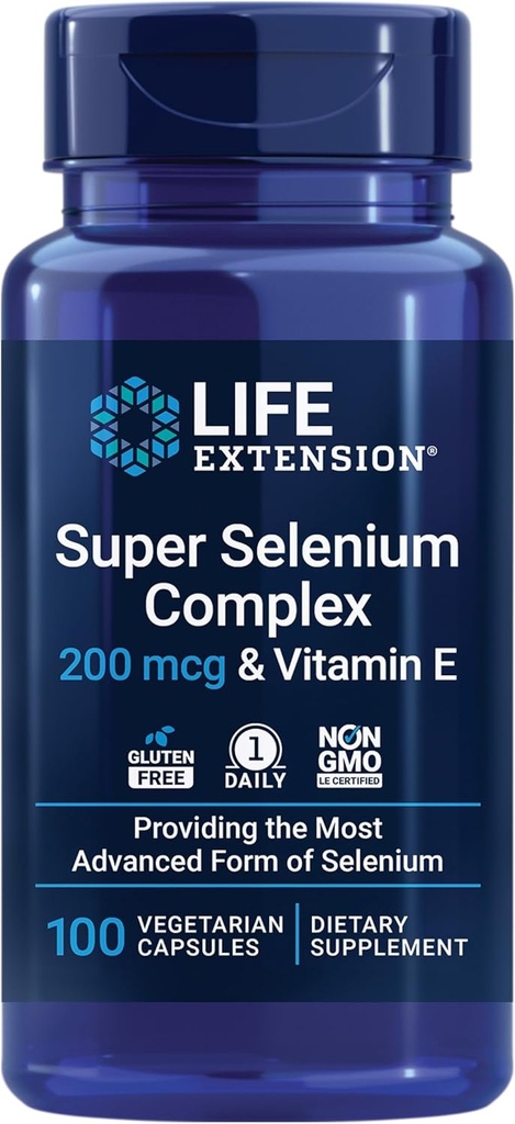 Complejo Super Selenio de Extensión de Vida, 200 mcg – 3 Formas de Selenio, Vitamina E – Salud Celular & Longevity Support – Gluten-Free, Non-GMO, Vegetariano, 1 Daily – 100 cápsulas
