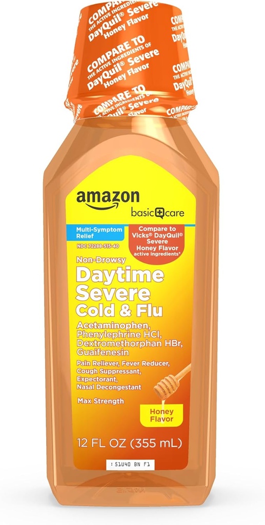 Cuidado básico Hora del día Honey Flavor Severe Cold y Flu Relief, Medicina Líquida, 12 fl oz (Pack of 1)