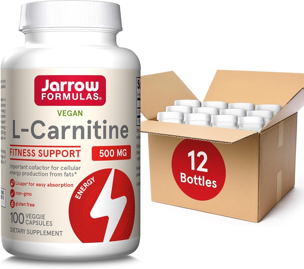 Fórmulas Jarrow L-Carnitina 500 mg - 100 Licaps Veggie - Cofactor importante para la producción de energía (ATP) de grasas - Suplemento dietético - Vegan - Hasta 100 Servimientos, Pack de 12