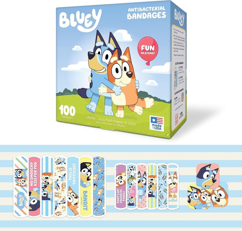 Bandages Bluey Kids, 3 tamaños surtidos 100 CT TENIDO Usar como pegatinas, Bandas adhesivas flexibles para cortes menores, rayas y quemaduras. Gran idea de regalo y Stocking Stuffer