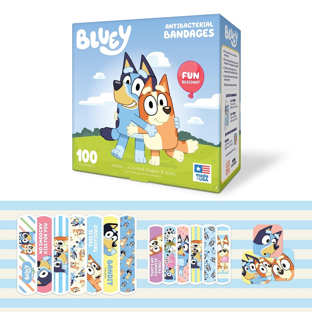 Bandages Bluey Kids, 3 tamaños surtidos 100 CT TENIDO Usar como pegatinas, Bandas adhesivas flexibles para cortes menores, rayas y quemaduras. Gran idea de regalo y Stocking Stuffer