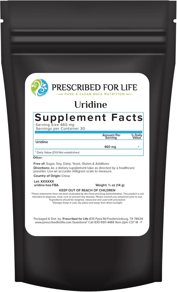 Prescrito para la vida Uridine, Pure Uridine Monophosphate Powder, Suplemento Nootropic para la memoria, la claridad, " Focus, No Fillers, No Additives, Vegan, Non GMO (0.5oz / 14g)