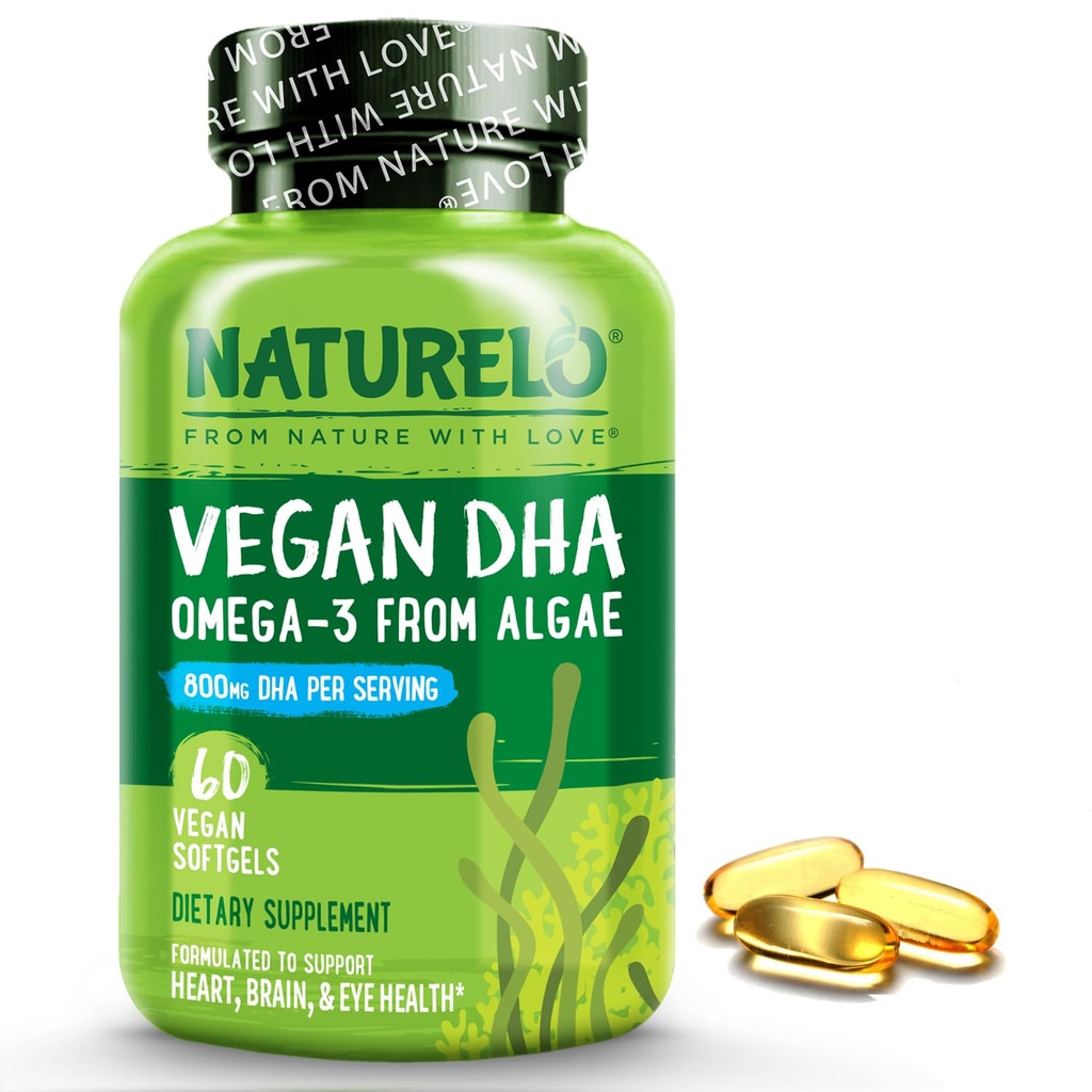 NATURELO Vegan DHA - Omega 3 Aceite de Algas - Suplemento para Cerebro, Corazón, Conjunto, Salud Ocular - Proporciona ácidos grasos esenciales para mujeres, hombres y niños - Complementos Vitaminas prenatales - 60 Softgels
