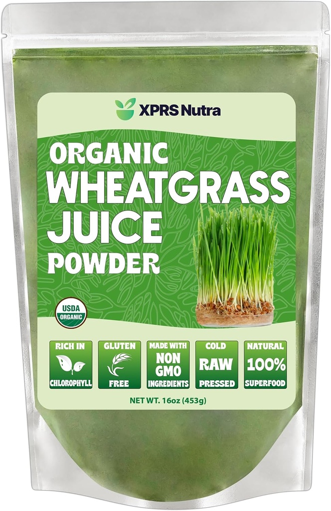 XPRS Nutra Orgánica Wheatgrass Juice Powder - Sustantablemente Grown - Instant Wheat Grass Juice Powder Hecho de Jugo Concentrado - Más Potent Than Organic Wheatgrass Powder - 16 Ounce