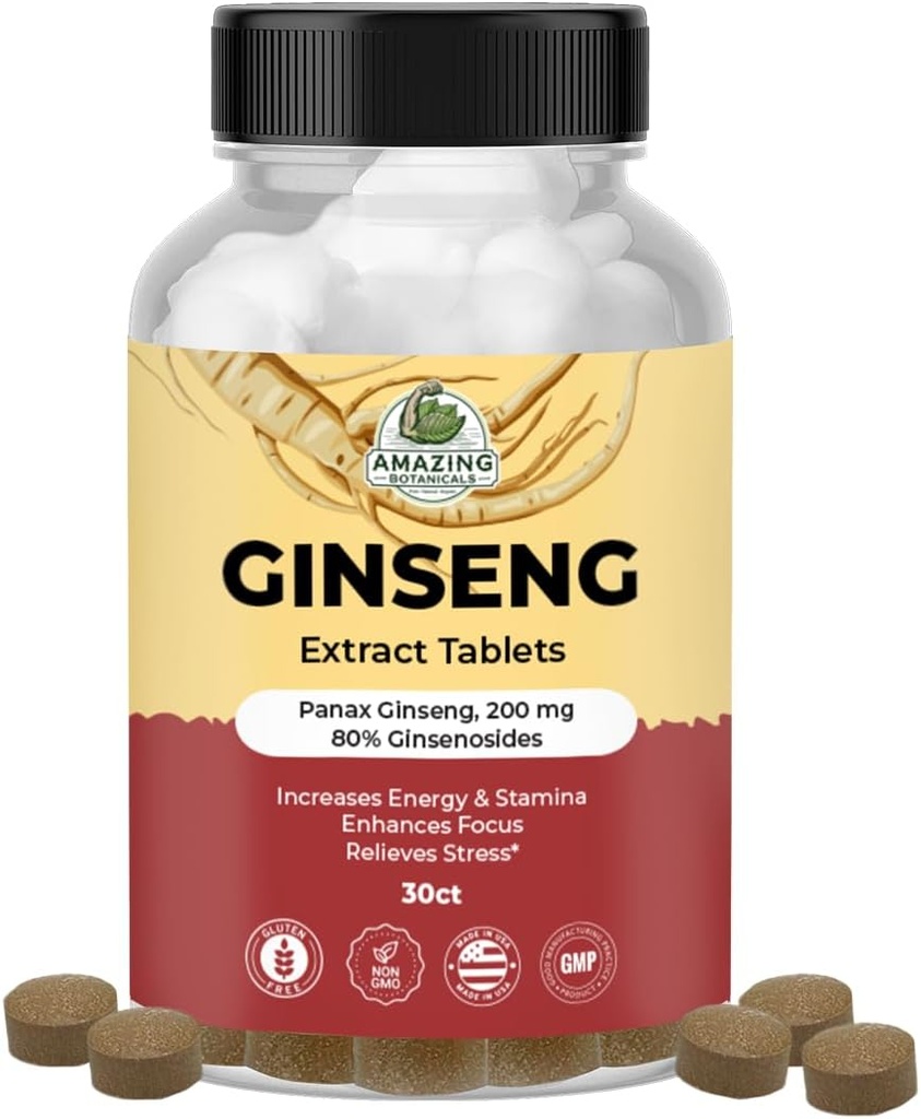 Amazing Botanicals Panax Ginseng Extract Tablets - 200mg Alta Potent 80% Ginsenosides for Energy &amp; Relax - Suplemento Natural Herbal para Booster Cognitivo - 30 Tablets