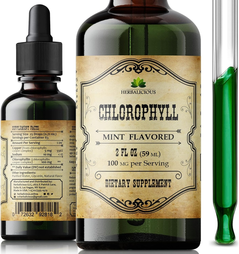 Chlorophyll Liquid Drops – Organic Natural Detox & Cleanse Support – Boost Energy, Immunity & Metabolism – Vegan, Non-GMO, Mint Flavor, 2 fl oz – Sodium Copper Chlorophyllin Extract – Made in USA