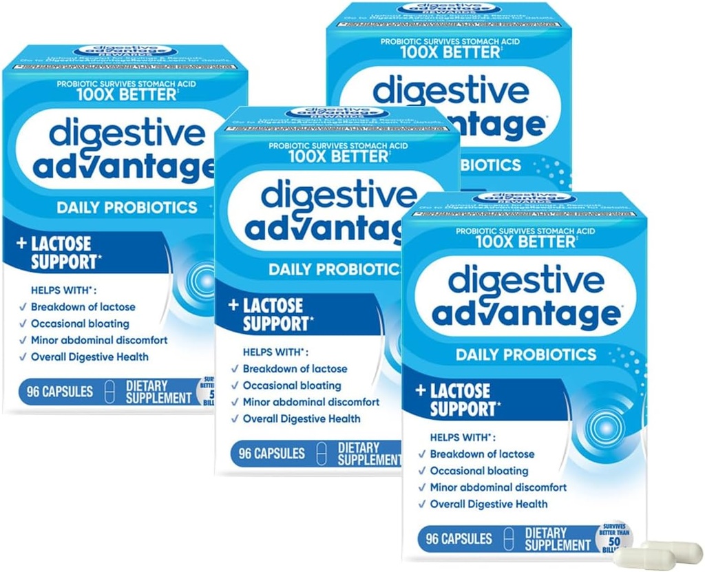 Digestive Advantage Lactose Defense Enzymes + Probiotics for Women &amp; Men Occasional Bloating, Lactose Breakdown, Menor Abdominal Discomfort, Immune Support, 96 Condes Capsules (4 Pack)