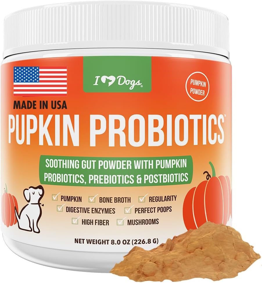 iHeartDogs Pupkin Probiotics, Prebiotics, " Postbiotics for Dogs with Pumpkin, Gut Soothing Bone Broth " Mushrooms - 30 Scoops