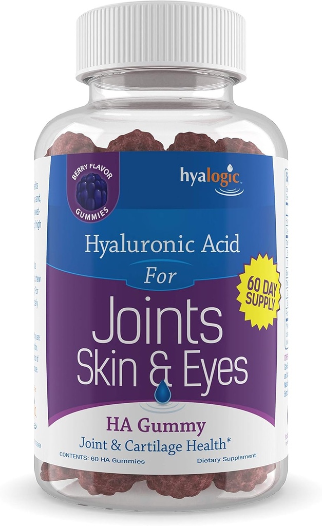 Hyalogic Chewy HA Gummies Mixed Berry Flavor Hyaluronic Acid Gummies – Gluten-Free Gummy Vitaminas para Adultos - HA Suplemento para Juntas, Skin &amp; Eyes –60 Cuenta (120 mg)