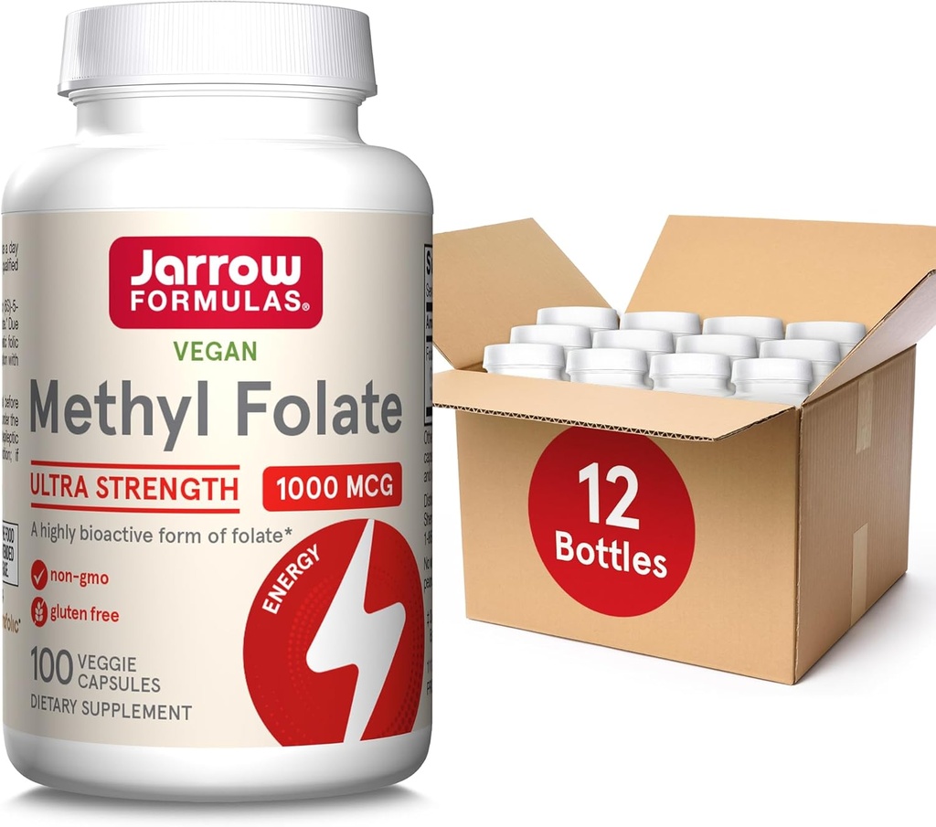 Jarrow Formulas Methyl Folate 1000 mcg, Dietary Supplement, Methyl Folate for Cellular Energy Support, 100 Veggie Capsules, 100 Day Supply, (Pack of 12)