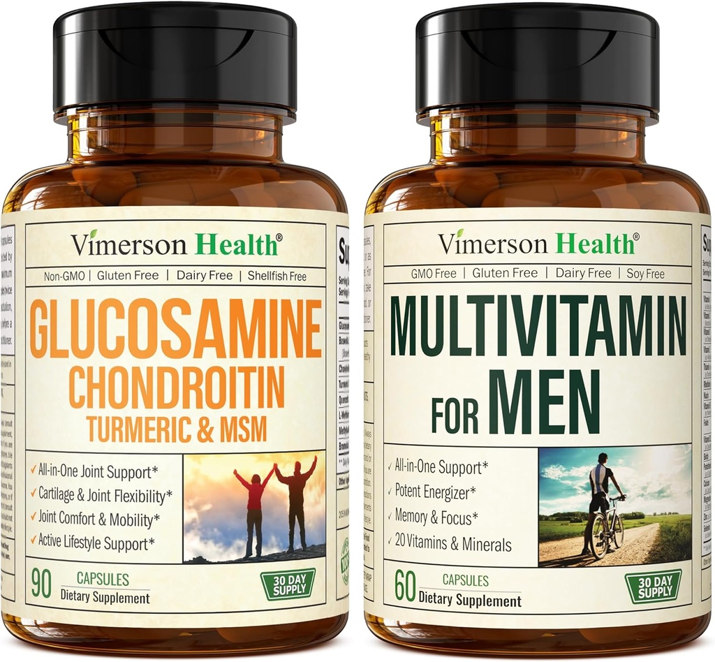 Glucosamine Chondroitin Turmeric MSM + Multivitamina 2-Bottle Suplemento Bundle para Él. Salud Conjunta, Respuesta Inflamatoria, Apoyo Inmunitario, Propiedades Antioxidantes