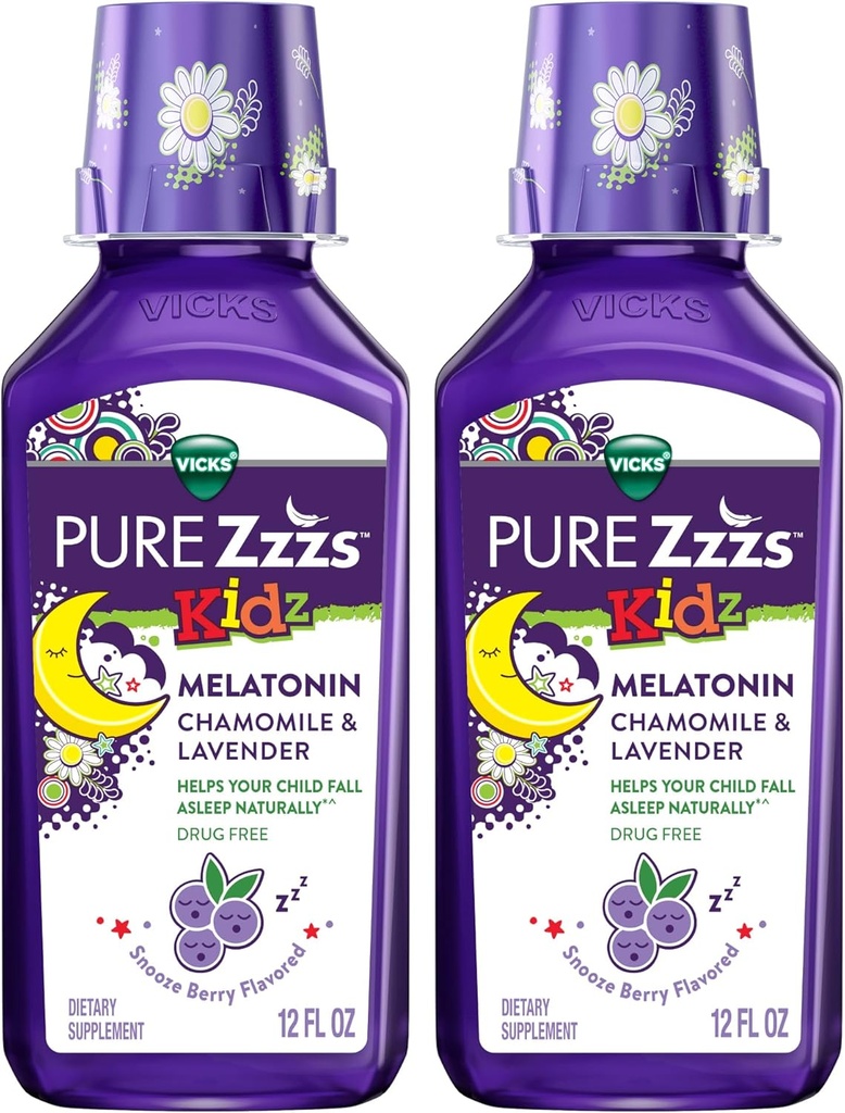 Vicks Pure Zzzs Kidz Melatonin, Kids Melatonin Liquid, Sleep Aid, Drug-Free, Liquid Melatonin 1mg, with Chamomile &amp; Lavender, Melatonin Sleep Aids for Kids, Snooze Berry Flavored, 2 Pack, 24 FL OZ