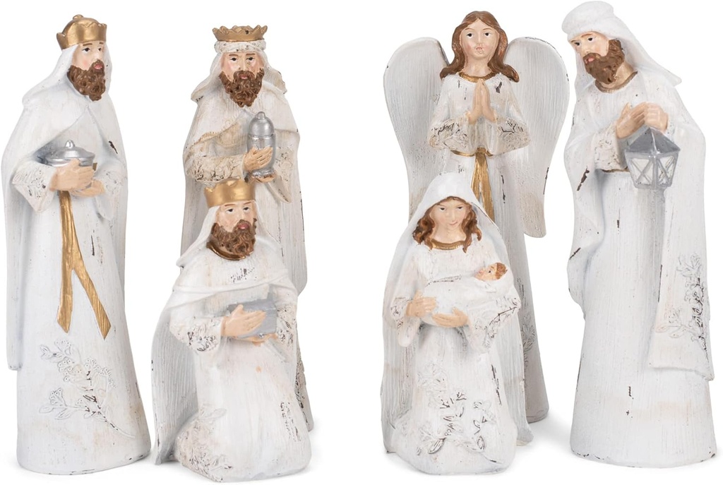 Transpac Distressed White and Gold Tone 7.5 Inch Resin Nativity Figuras Conjunto de 6