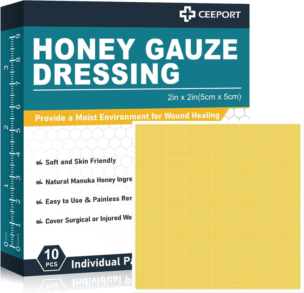 Manuka Honey Gauze Wound Dressing 2" x 2",10 Pack Manuka Honey Wound Care Pads, Medical Grade Honey Bandages for Wound Care, Honey Patch for Faster Healing from Burns,Abrasions,Cuts and Scalds