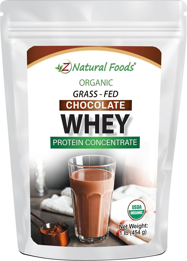 Concentrado de polvo de chocolate orgánico Whey Protein - Grass Fed &amp; Raised in USA - Non GMO, Gluten Free &amp; Undenatured - No Sugar Añadido, Sweetened with Stevia - No Hormones o antibióticos - 1 lbs