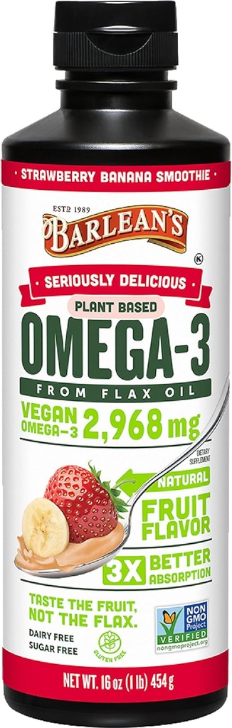 Omega Vegana de Barlean 3 6 9 Aceite Flaxseed Suplemento líquido, Banana de Fresa Smoothie, Semillas de Flax Aceite con 2,968 mg ALA ácido graso, no GMO y Gluten Gratis, 16 oz