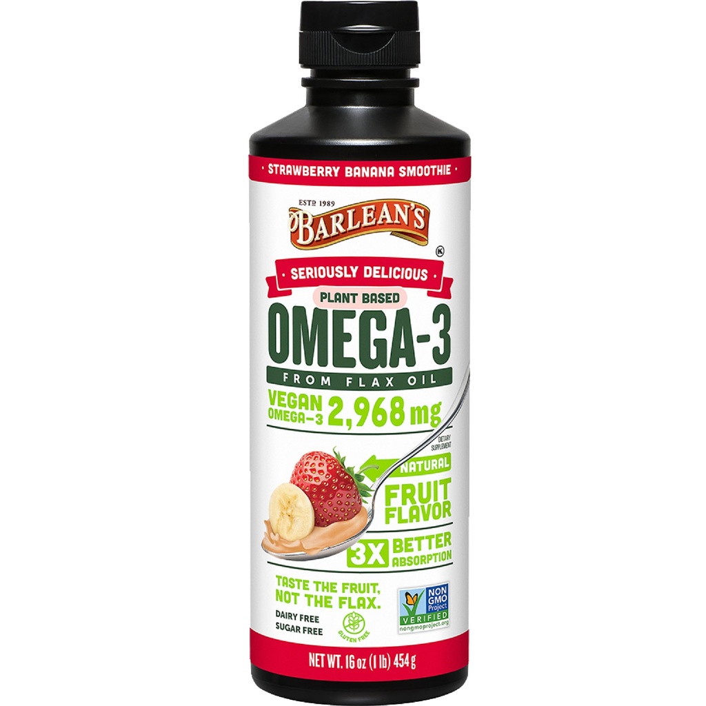 Omega Vegana de Barlean 3 6 9 Aceite Flaxseed Suplemento líquido, Banana de Fresa Smoothie, Semillas de Flax Aceite con 2,968 mg ALA ácido graso, no GMO y Gluten Gratis, 16 oz