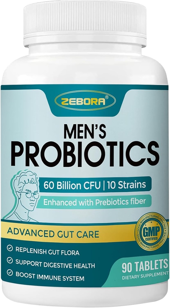 ZEBORA Probióticos para Hombres y Prebióticos para Salud Digestiva, 90 Tabletas, 60 Billones CFUs para Salud Inmune y Gut, 10 Strains, Probióticos Hipoalergénicos, Estable, Gluten &amp; Soy Free