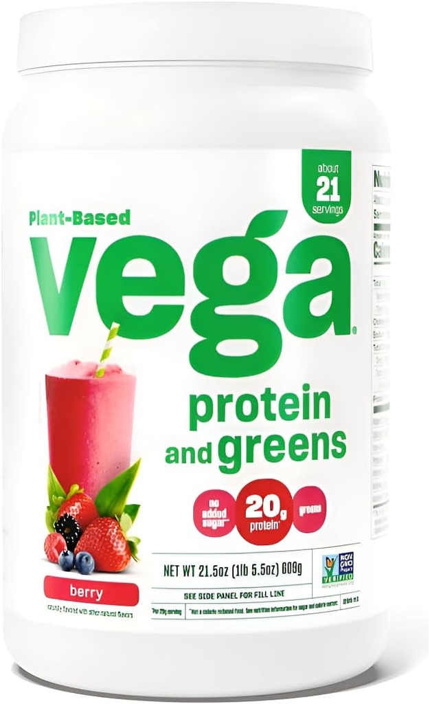 Vega Protein y Verdes Protein Powder, Berry - 20g Planta Basada Protein Plus Veggies, Vegan, No GMO, Pea Protein para Mujeres y Hombres, 1.3 libras (Packaging May Vary)