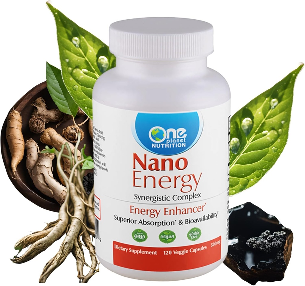 One Planet Nutrition Nano Energy 500 mg Veggie Capsules (120 Servings), Synergistic Blend of Nano Ginseng, Shilajit, Ashwagandha &amp; EGCG, Supports Energy Levels, Non-GMO, Vegan, Gluten Free
