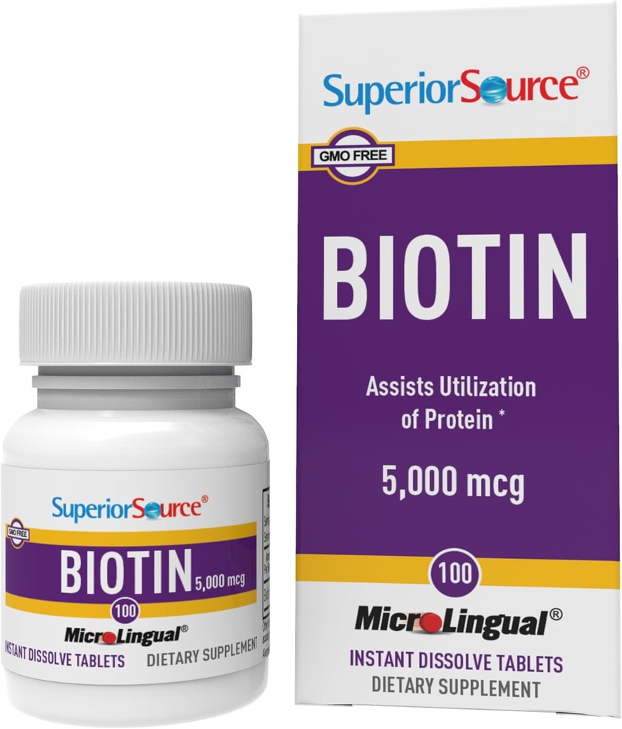 Fuente superior Biotina 5000 mcg. Bajo el Tongue Quick Dissolve MicroLingual Tablets, 100 Conde, soporta el cabello saludable, la piel y el crecimiento del suelo, ayuda a apoyar el metabolismo energético, no GMO
