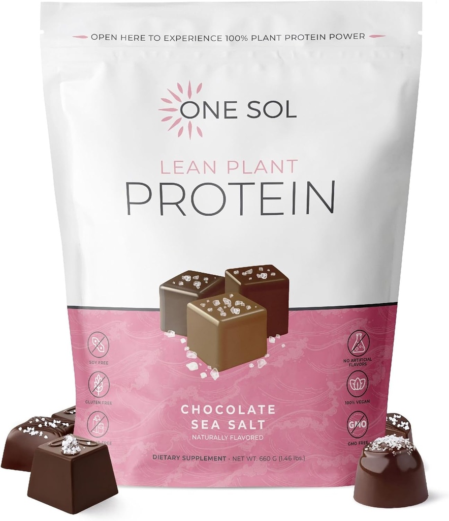 One Sol Lean Plant-Based Protein Powder, Pea &amp; Brown Rice Protein, Low Carb, Vegan Friendly - Gluten, Lactose, &amp; Soy Gratis - No Añadido Sugar, Non-GMO, Clean Nutrition, No Bloating (Chocolate Sea Salt)