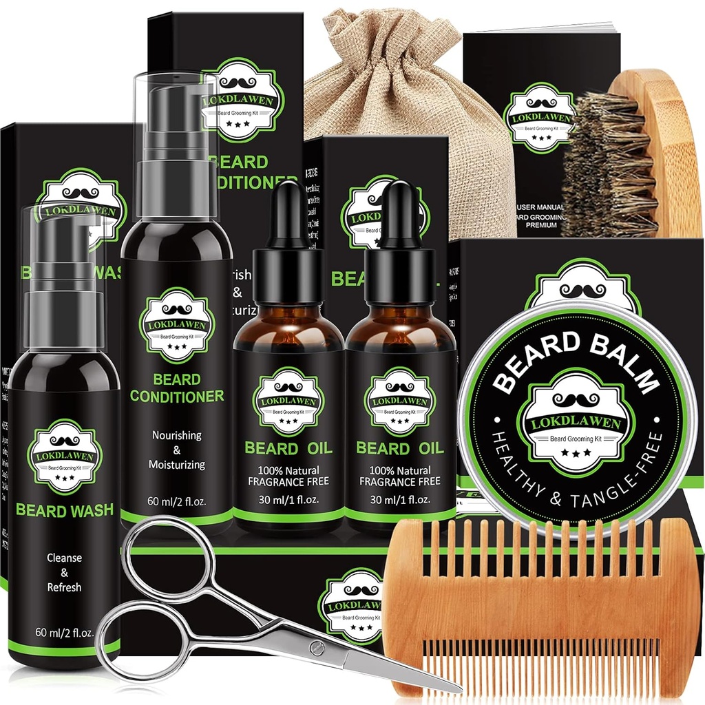 Beard Kit para hombres con lavabo de barba, Acondicionador de barba, Beard Oil, Beard Balm, Brush, Comb, Tijeras, Bolsa de almacenamiento, Regalos para hombre Papa marido novio
