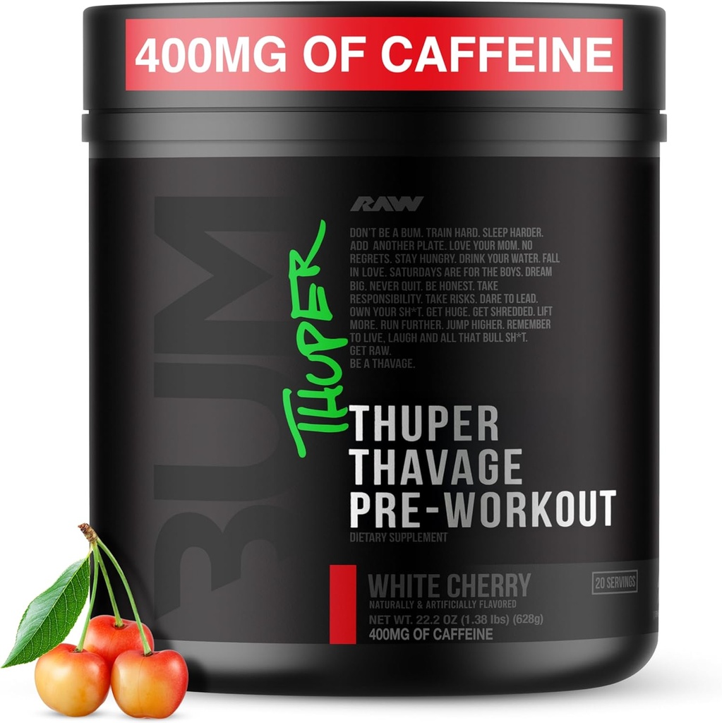 RAW Thuper Thavage Pre Workout Powder - High-Stim Preworkout with Creatine, Beta Alanine, L-Citrulline &amp; Caffeine - Chris Bumstead Gym &amp; Fitness Supplement for Men &amp; Women - White Cherry