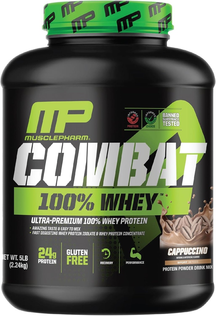 MusclePharm Combat 100% Whey Protein Powder, Cappuccino Flavor, Fast Recovery &amp; Muscle Gain with Whey Protein Isolate, High Protein Powder for Women &amp; Men, Gluten Free, 5 lb, 70 Servings