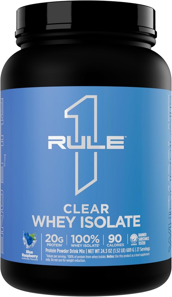 Regla 1 Borrar el aislamiento Whey - 20g Proteína de aislamiento completo, más de 9g EAAs, 300 mg de minerales electrolitos, 90 calorías, luz, crisis y sabor refrescante (27 piezas, frambuesa azul)
