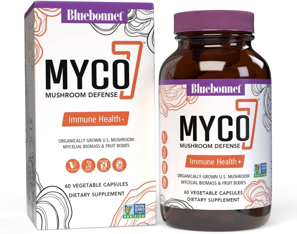 BlueBonnet Nutrition Myco-7 Mushroom Defense – 7 Organically Grown U.S. Whole, Full-Cycle Mushrooms – for Immune & Wellness - Soy-Free, Gluten-Free, Non-GMO, Kosher y Vegan – 60 cápsulas vegetales