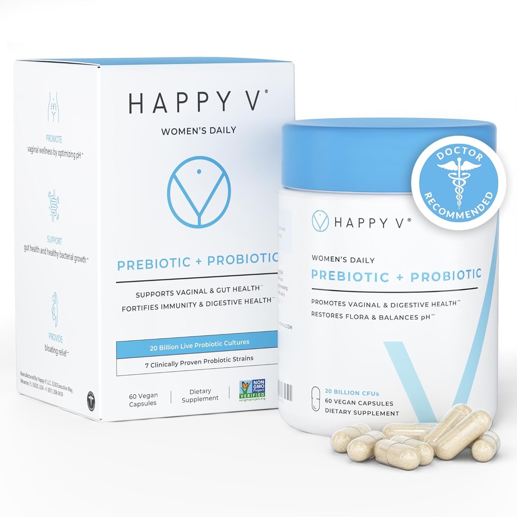 Happy V Dr. Probióticos Vaginales Fórmulados para Mujeres Apoyo al Odor, Salud del Urinario &amp; Gut, equilibrio del pH para las mujeres Probiótico diario con prebióticos patentados " Lactobacillus para el bienestar femenino