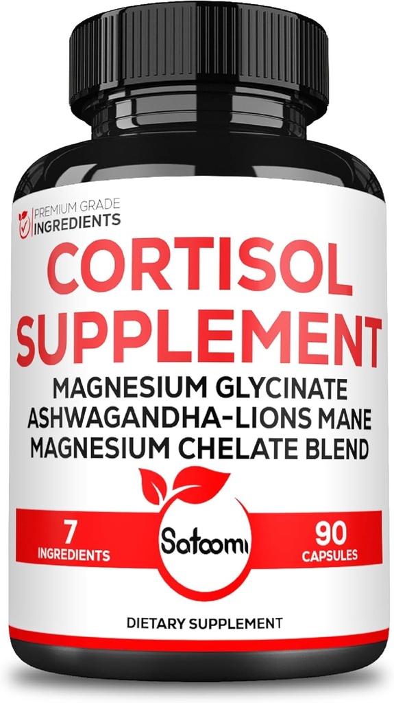 Satoomi 7in1 Cortisol Suplemento - Magnesium Glycinate with Ashwagandha, Magnesium Glycinate and Citrate - Mood &amp; Rest Well ' Resilience - 90 cápsulas para 45 días