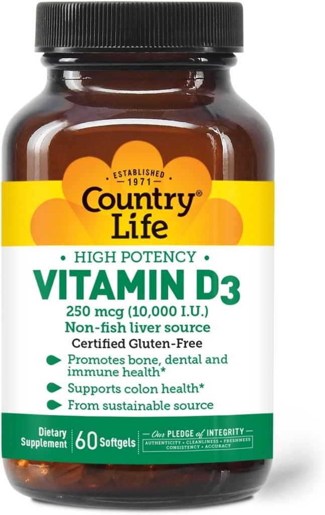 Country Life Vitamin D3 10,000 IU – High Potency, Non-Fish Source | Bone, Immune & Colon Health Support | 60 Softgels | Certified Gluten-Free, Clean Formula with MCT Oil for Better Absorption