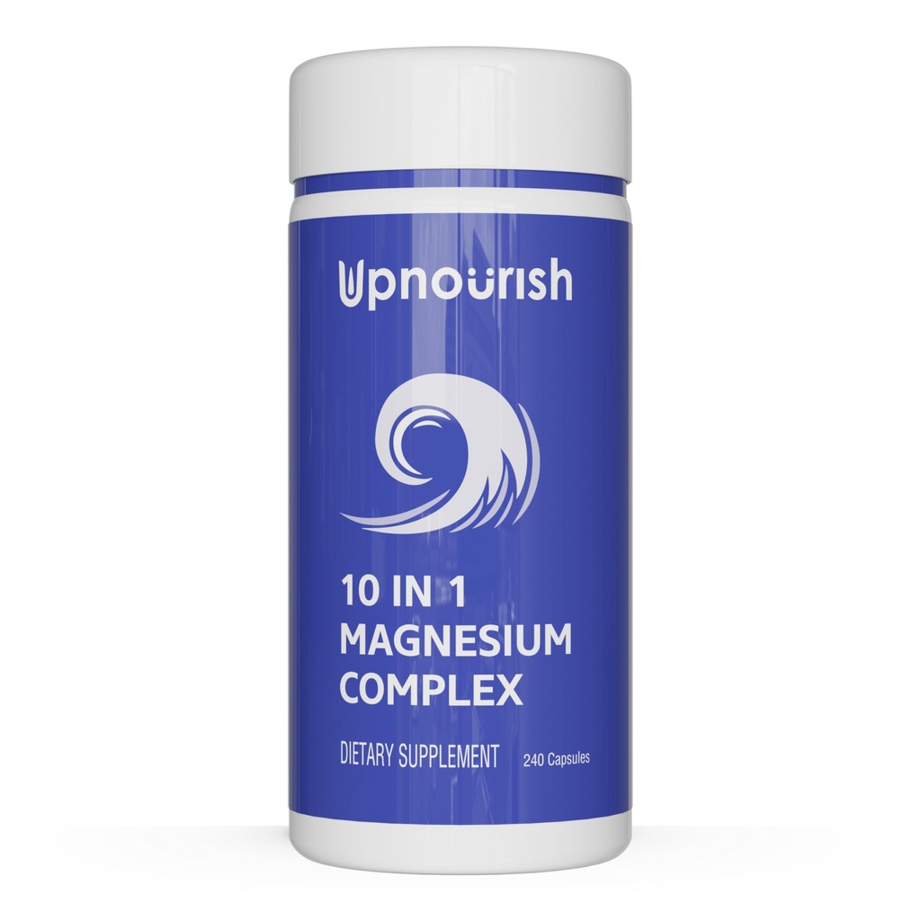 Suplemento Nourish Magnesium - 10 en 1 Complejo de Magnesio - Suplementos Minerales de Espectro Completo con Glycinate, Citrato, Taurate, Malate, Carbonato, Oxide y Más, 240 cápsulas Veganas