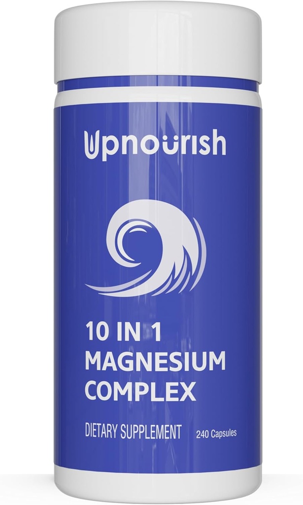 Suplemento Nourish Magnesium - 10 en 1 Complejo de Magnesio - Suplementos Minerales de Espectro Completo con Glycinate, Citrato, Taurate, Malate, Carbonato, Oxide y Más, 240 cápsulas Veganas