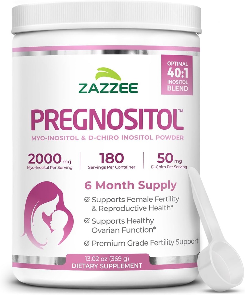 Zazzee PREGNOSITOL Powder, 6 Month Supply, Myo-Inositol y D-Chiro-Inositol 40:1 Fertility Blend, Free Scoop for Exact Dosage, Premium Balanced Formula, 183 Servings, Vegan, All-Natural y Non-GMO