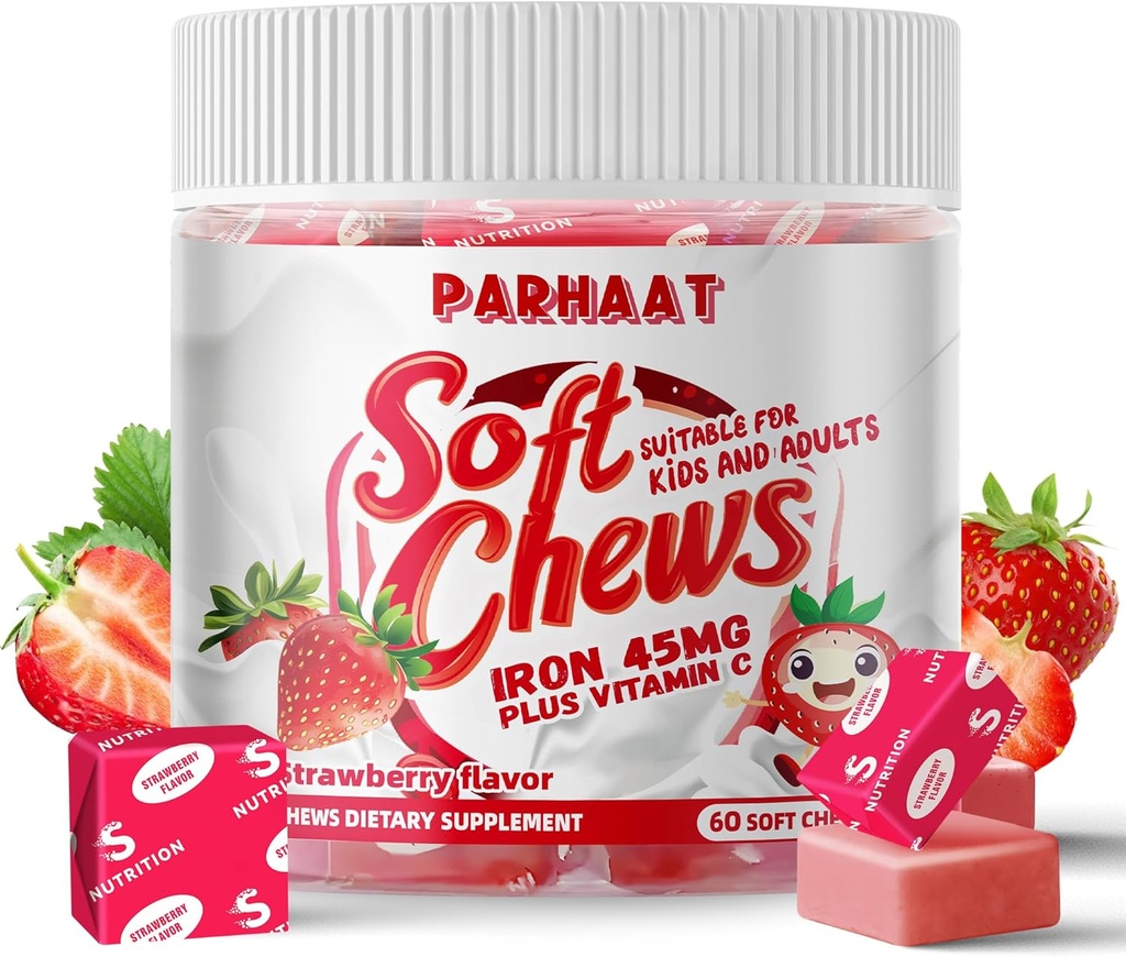 Iron Soft Chew Suplemento con Vitamina C ← Strawberry Flavored TEN Gluten Free ← Suplemento de Hierro para Mujeres Hombres y Niños