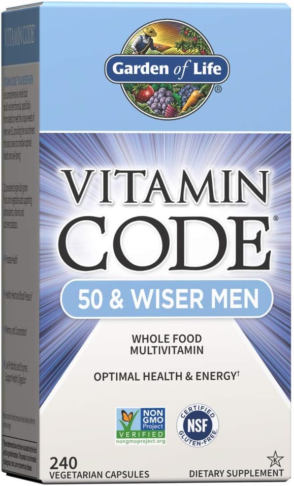 Jardín de la Vida Código de la vitamina 50 &amp; Wiser Men Raw Whole Food Multivitamin, Vitaminas para Hombres Más de 50 para la salud de la próstata, corazón sano, presión arterial, 240 cápsulas vegetarianas *Paquete mayo Vary*