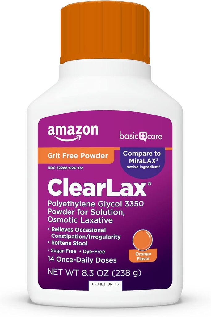 Cuidado básico ClearLax Polyethylene Glycol 3350 Powder for Solution, Orange Flavor, Osmotic Laxative, Stool Softener, Alivia el estreñimiento ocasional, 8.3 onzas (Pack of 1)