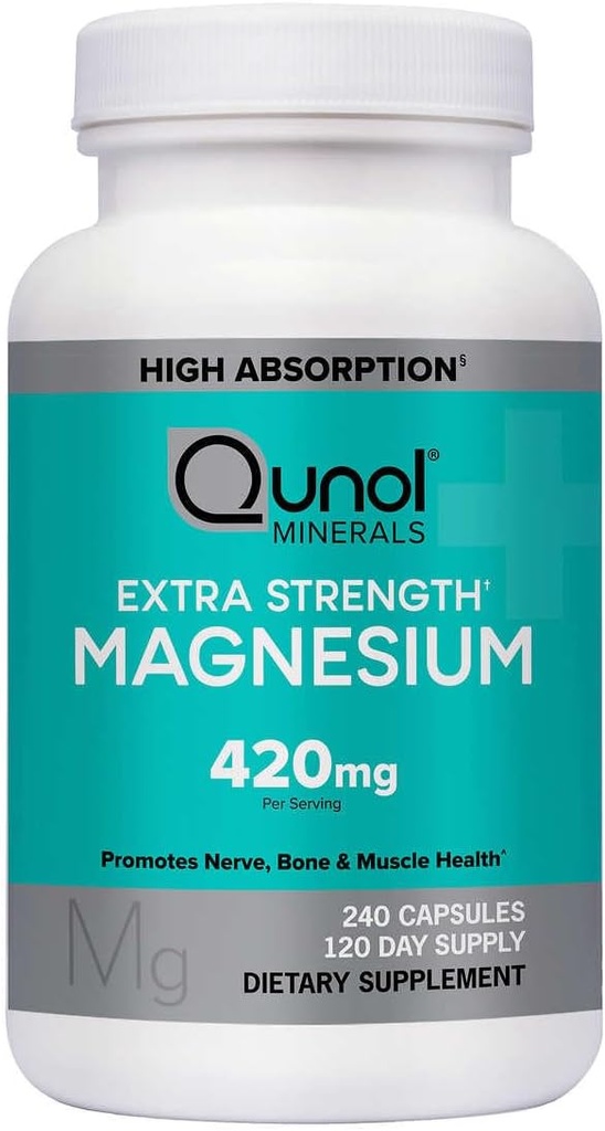 Qunol Magnesium Extra Strength 420mg, Vegetarian &amp; Gluten Gratis, 240 cápsulas